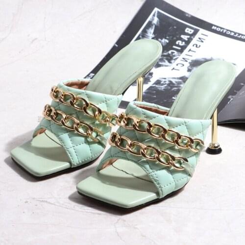 Ladys Summer High Heel Shoes Check Chain Ornament Slip On Sandal Metal Thin Heel Womens Casual Shoes