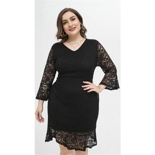 Long Dress 2021 Large Size Womens Intellectual Elegant Irregular Mid-Length-Sleeve Sexy Slim Lace Sleeved V-Neck Dinner