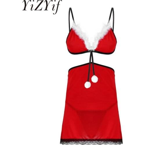 Women Christmas Nightwear Sexy Lingerie Faux Fur Trimming Wireless Bra Lace Trim Tops with G-string Thong Exotic Set Sleepwear