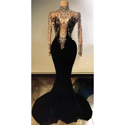 High Quality Elegant Black Velvet Mermaid Dress Shining Crystal Sexy Evening Dress Long Prom Club Party Dress Stage Costumes