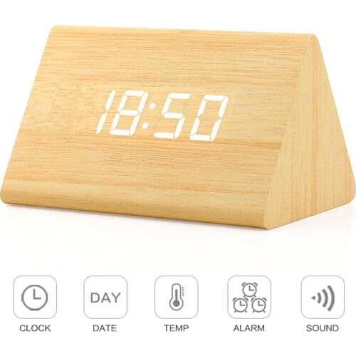 Sound Control Wooden Clock 3Group Alarm Desk Clock 3Level Brightness Adjustable Wakeup Light With Time Date Temperature Display