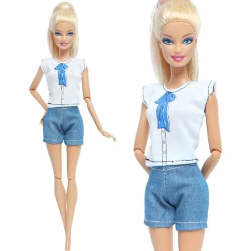 1 Set Handmade Casual Outfit Daily Wear Blue Bowknot Pattern Shirt Tops Short Pants Clothes Accessories for Barbie Doll Kids Toy