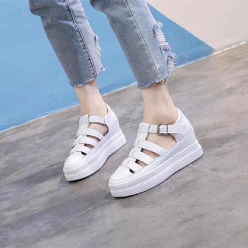2019 New Summer Korean Style Fashion Genuine Leather Women Sandals Hollow Wedges Platform Buckle Wild Lady Beach Shoes 20190705