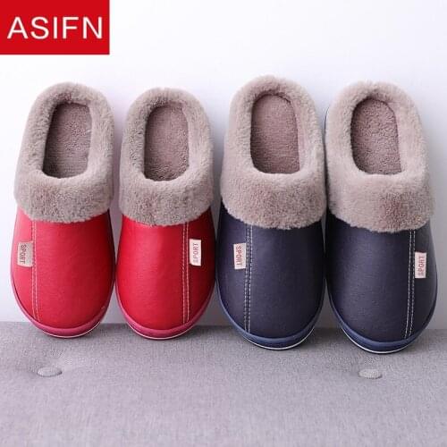 ASIFN House PU Leather Slippers Men Women Winter Home Bottom Hairy Floor Warm Cotton Non-slip Shoes Fur Slippers High Quality