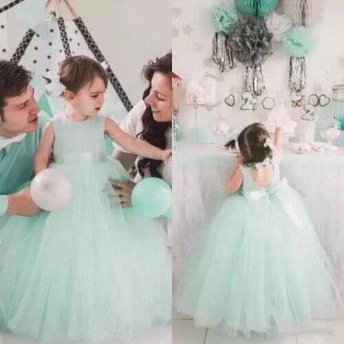 Lovely Mint Tulle Ball Gown Flower Girl Dresses For Weddings Jewel Cut Out Back Bow Sash Floor Length Birthday Party Gown
