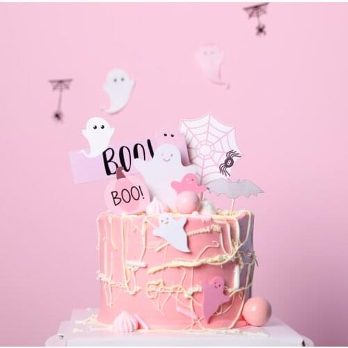 Paper Pink Funny Cartoon Halloween Cake Topper Boo Ghost Bat Dessert For Halloween Cupcake Decor Party Cake Flag Baking Supply
