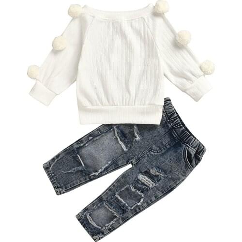 2PCS Kids Girl Clothing Set Long Sleeve O-neck Ball Sweater Tops Hole Denim Pant Ripped Jeans Outfits Autumn Winter Clothes