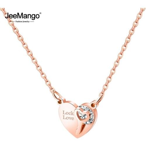 JeeMango Romantic Lock Love Heart Key Charm Pendant Necklaces Titanium Steel Rose Gold Color Chokers Necklace For Women JN17058