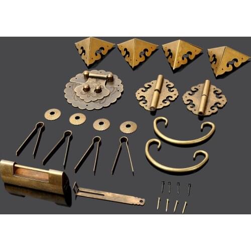 Chinese Brass Furniture Hardware Set Chest Hinge Trunk Latch Box Handle Corner Plate with Nails