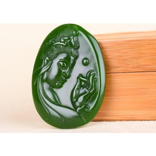 Chinese Natural Green Jade Guan Yin Pendant Necklace Hand-carved Charm Jadeite Jewelry Fashion Amulet Gifts for Men Women