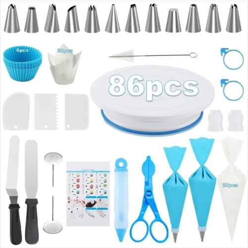 86 Pcs Cake Turntable Cake Decorating Tools Kit Rotary Table Baking Tool Piping Nozzle Piping Bag Set Baking Supplies Sets