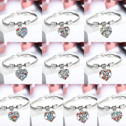 New Love Mom NANA Sister Aunt Niece Bracelets Crystal Colorful Heart Bangle Charm Bracelets Gifts For Mother Grandmother Jewelry