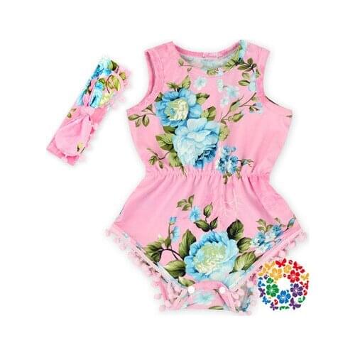 New Design Rompers Navy Blue Hot Pink Floral Pom Rompers For baby girls shabby chic baby playsuit baby floral romper