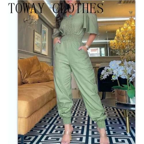 Solid Color Plain Half Sleeve Cold Shoulder Shirring Waist Ruffles Jumpsuit Chic Summer One Piece For Women 2021