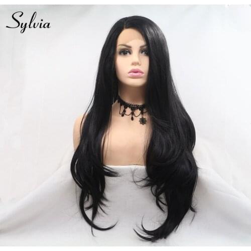 Sylvia Kanekalon Fiber Wig Natural Wavy Synthetic Lace Front Wig 1B Hair Long Black Wigs Heat Resistant Full Wig For Women