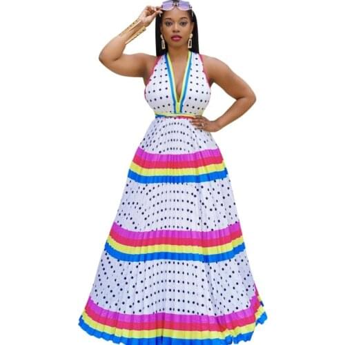 African A Line Maxi Dress Women Sleeveless Halter High Waist Robes Summer New Dot Striped Beach Bohemian Holiday African Dresses
