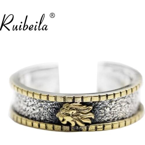 Ruibeila925 argent rétro tête de lion ouverture taille réglable bague hommes et femmes simple personnalité tendance bague