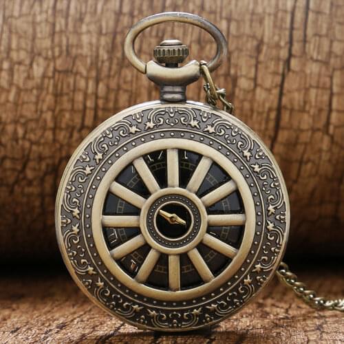 Vintage Bronze Hollow Wheel Gear Case Quartz Pocket Watch Roman Numerals Men Women Necklace Pendant Chain Birthday Gift P317
