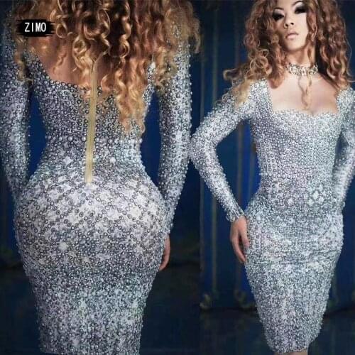 Pearls Rhinestones Tight Dress Evening Party Long Sleeves Prom Gray stretch Dress Singer Birthday Celebrate performance costume