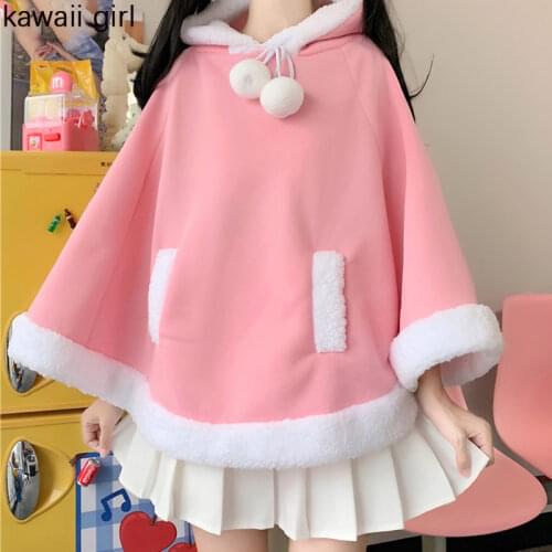 Lolita Wool Cloak Girls Kawaii Pullover Women Winter Warm Cute Pink Black Plus Fleece Bat Cape Coat Christmas Hooded Outerwear