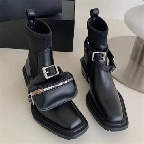 2020 New Square Toe Women Ankle Boots Straps Pocket Stretch Sock Boots Female Chunky Heel Short Booties Autumn Botas Mujer