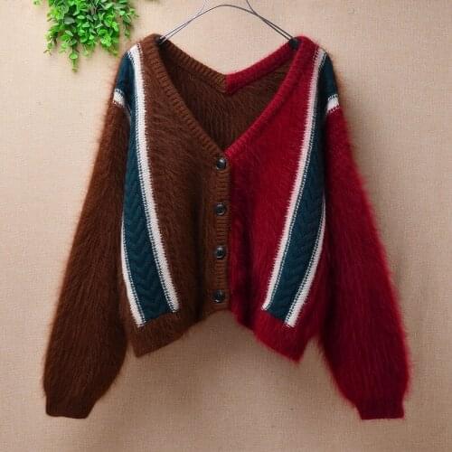 Ladies women fashion hairy colored short style crop top mink cashmere v-neck long sleeves loose cardigans angora fur jacket coat