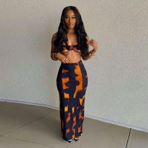 Beach Leisure Vacation Womens Casual Suit Summer 2021 Print Single Shoulder Crop Top Midi Skirts 2 Piece Set Vetement Outfits