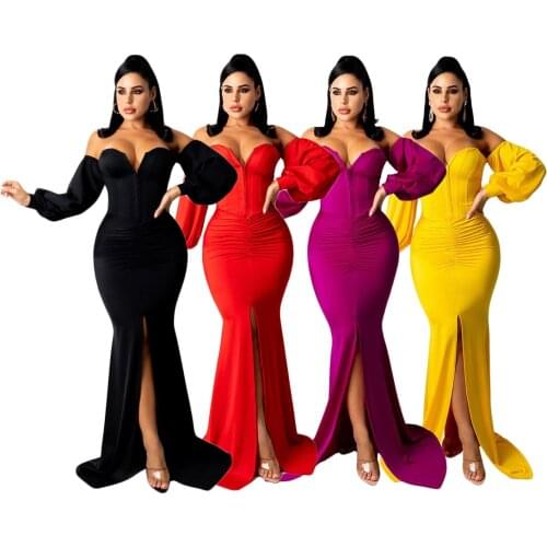 Women Solid Elegant Strapless Slash Neck Pulf Sleeve Backless Evening Club Maxi Long Dress Split On Outfit Floor-Length Vestidos