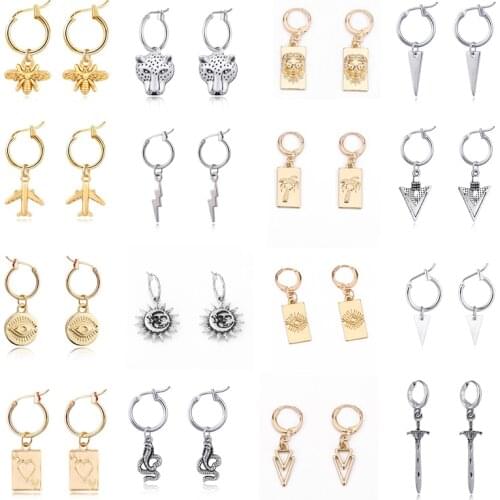 1Pair New Bee Snake Eye Triangle Hoop Earrings For Women Men Punk Simple Gold Metal Lightning Sword Leopard Ear Stud Jewelry