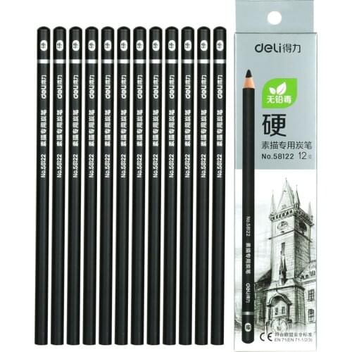 12 pieces / box deli58122 special charcoal pencil for art sketch, soft, medium and hard charcoal pencil, art student stationery