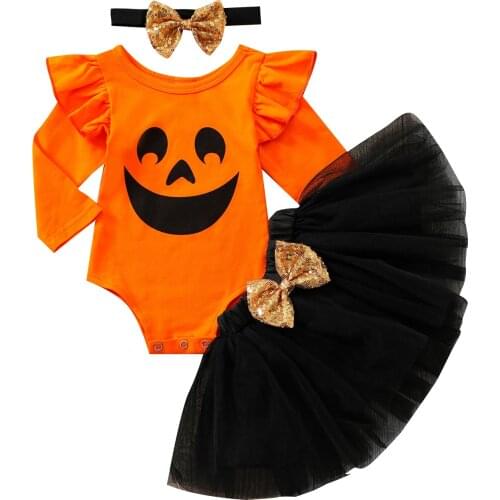 Halloween Costume Toddler Outfits Smile Face O-Neck Long Sleeves Romper Tutu Skirt Headband For Childrens Girls Clothing 3Pcs