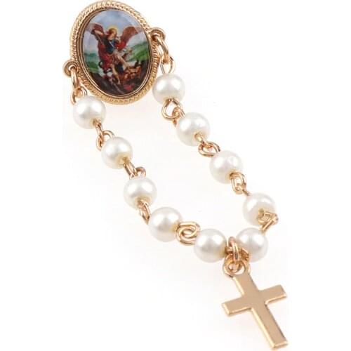 6 Pieces Random Religious Pearl Beads Chain Brooches Gold Silver Color Chain With Pearl Beads For Clothes Lapel Pin