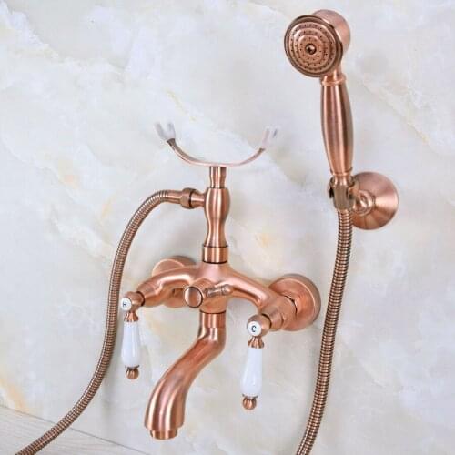 Antique Red Copper Brass Double Ceramic Handles Wall Mounted Bathroom Clawfoot Bathtub Tub Faucet Mixer Tap w/Hand Shower ana364