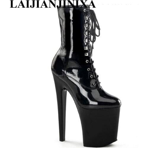 LAIJIANJINXIA Black Patent Leather Ankle Boots For Women 20Cm High Heels Boots 10Cm Platform Shoes Pointed Toe Lace-Up Boots