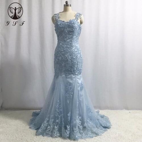 Designer Vestidos De Fiesta Blue Sweetheart Appliqued Beaded Sleeveless Backless Mermaid Evening Dresses