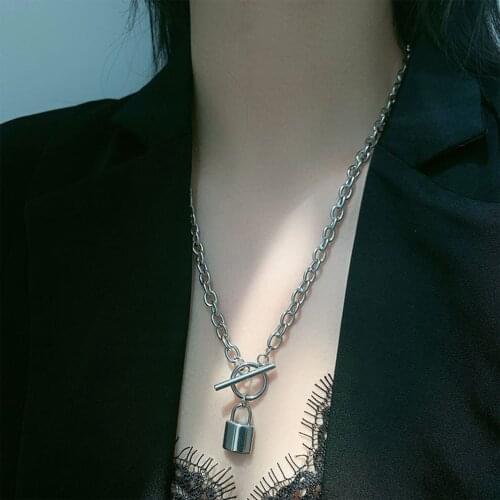 Stainless Steel Silver Color Pad Lock Pendant Long Necklace Cable Chain Necklace Women Collar Jewelry Choker Hip-Hop Necklace