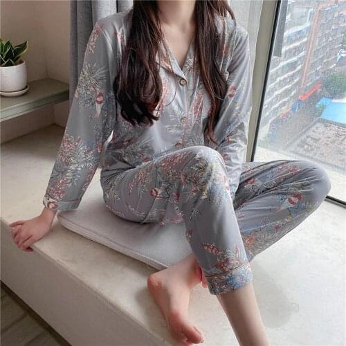 Fdfklak Sweet Home Wear Long Sleeve Trouser Suits Button-Down Sleepwear Loungewear 2021 Autumn New Female Pyjamas Mujer