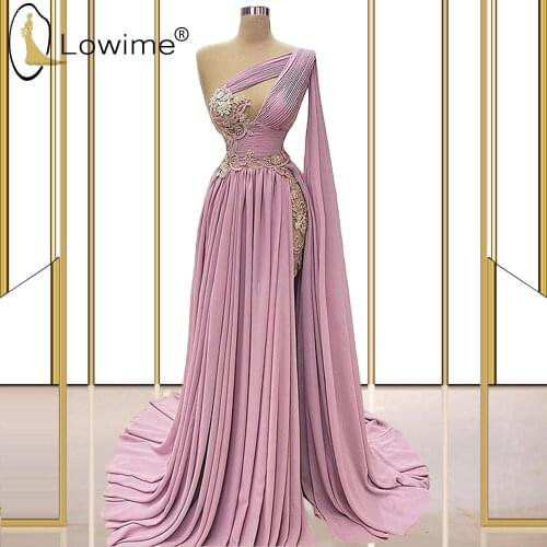 Elegant One Shoulder Ruched Evening Dresses 2021 Applique Beads Sweep Train Prom Party Gowns for Weddings Longue Robes