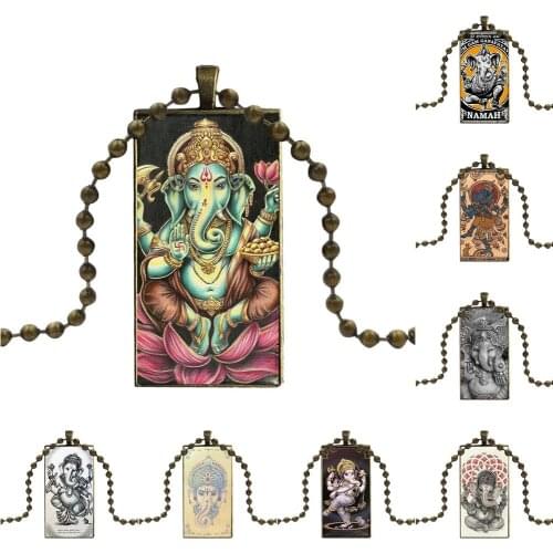 Ganesha Vintage Jewelry Bronze Color Glass Cabochon Choker Pendant Long Rectangle Necklace For Girls