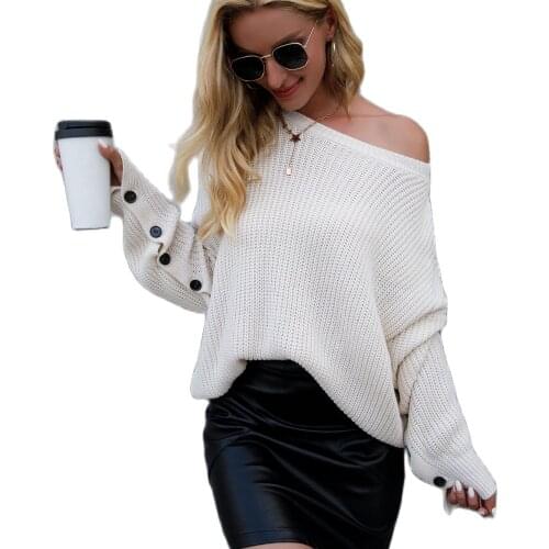 2021 Hot Sale Womens Clothing Factory Price Early Autumn Oblique Shoulder Collar Sexy Plain Breasted Sleeve Sweater Blouse