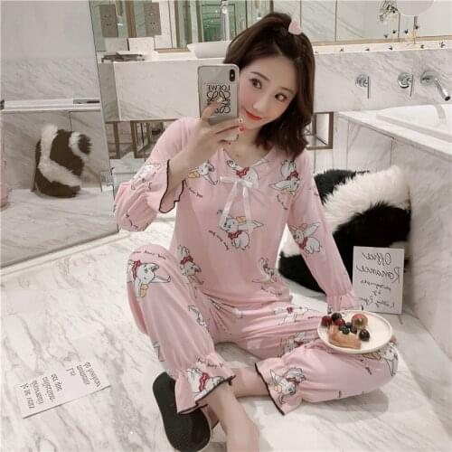 H5724 Ladies Pajamas Spring Autumn Long Sleeve Leisure Cartoon Sleepwear Detachable with Chest Pad Women Casual Nightwear Suit
