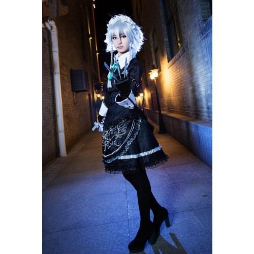 TouHou Project Cos Izayoi Sakuya Anime Cosplay Costume For Woman Halloween Cosplay Costume Top+skirt+apron+headwear+tie+leggings