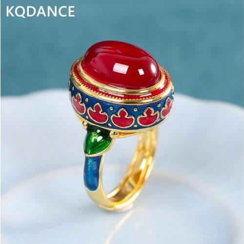 KQDANCE Real 925 sterling silver Enamel red Corundum created gemstones Ruby Ring adjustable Gold plated jewelry 2021 Trend new