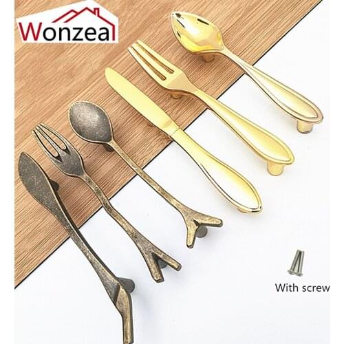 Hole Pitch 76mm Creative Kitchen Cabinet Handles Cupboard Handles Closet Dresser Handles Drawer Pulls Knife Fork Spoon Bronze