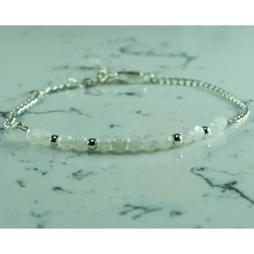 Tiny Moonstone Silver Chain Bracelet, White Gemstone bead, 925 Sterling Silver Jewelry for Women, hand Made in TURKEY