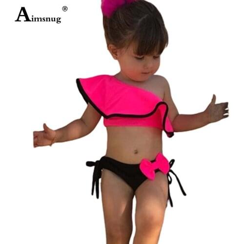 Baby Girls Patchwork Swimsuits Children Sexy Bandage Two Pieces Swimwear 2021 New Fashion Skew Neck Bathing Suits Kids Clothing