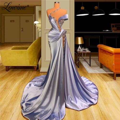 Lowime Long Evening Dresses Purple 2021 With Split Arabic One Shoulder Women Prom Gowns Robe De Soiree Dubai Beaded Party Dress