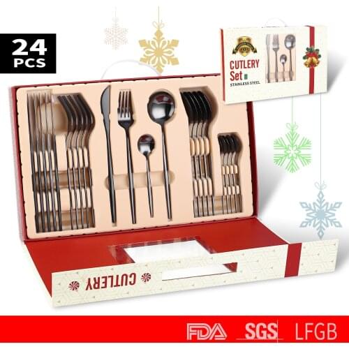 HEYI Stainless Steel Tableware 24-piece Set Gold-plated Portuguese Cutlery Christmas Gift Box Set YSH