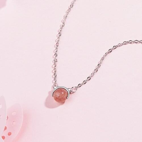 Silver Plated Cute Cat Natural Strawberry Crystal Pendant Necklace For Women Short clavicle chain Necklaces