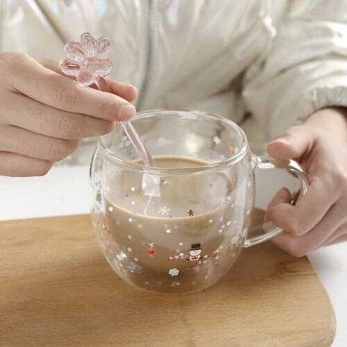 Double wall cute water bottle cocktail glass With handle Lid Drinkware Snowman gifts Insulation coffee mug glass kawaii tea cup